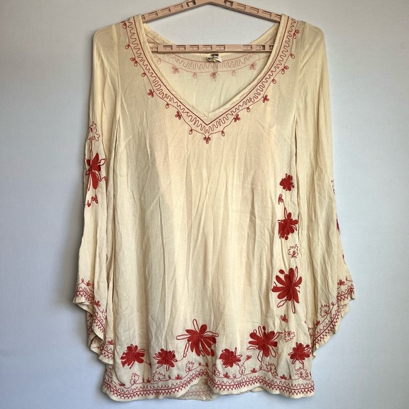 Free People Skyfall Embroidered Tunic Dress Sz M Cream Boho Bell Sleeve READ - Picture 9 of 16